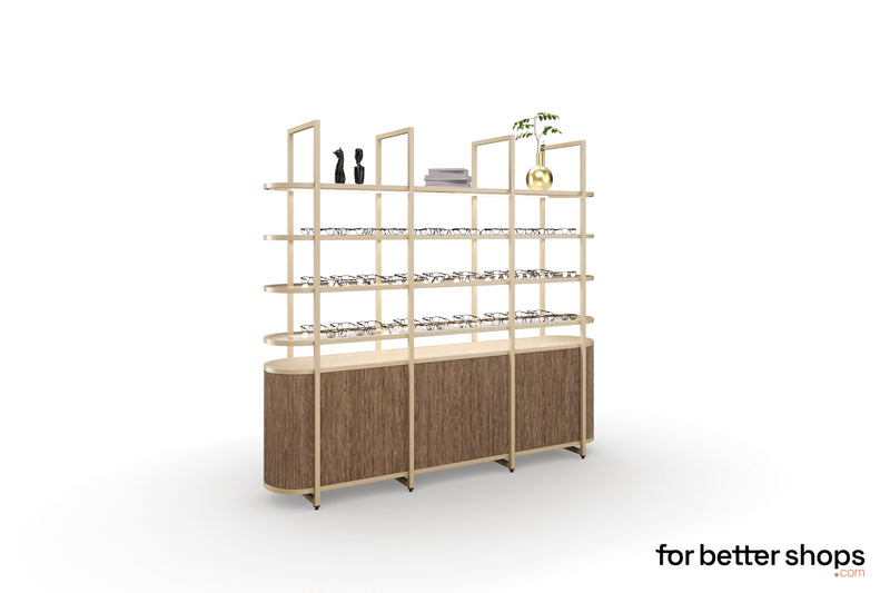 Livorno B | Arcades | Freestanding display unit with glass shelving | Ribbed wood