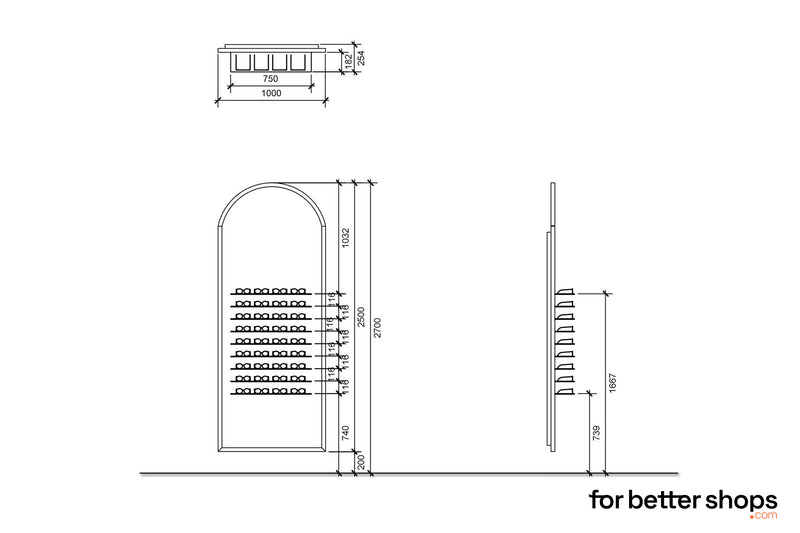 Bergamo B | Linea di prodotti Arcades | Presentazione da parete a scaffali di vetro